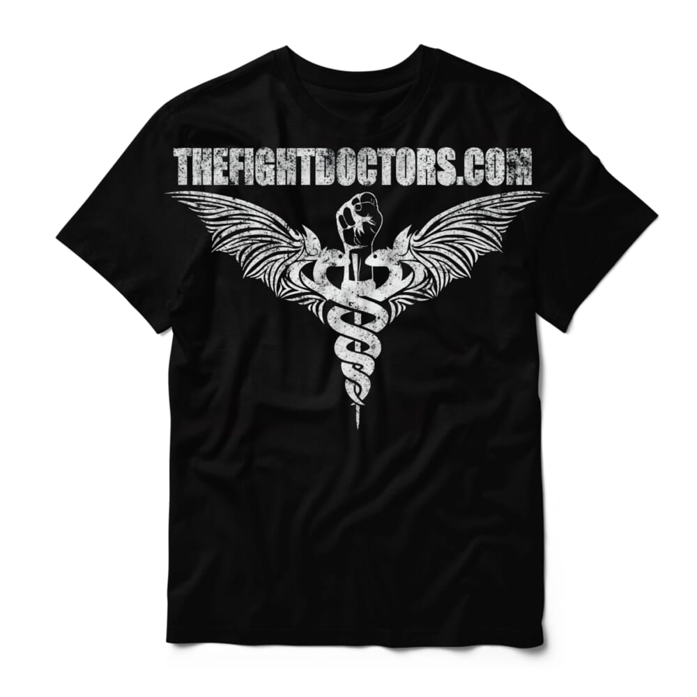 A T-shirt with the fight doctor logo printed on it