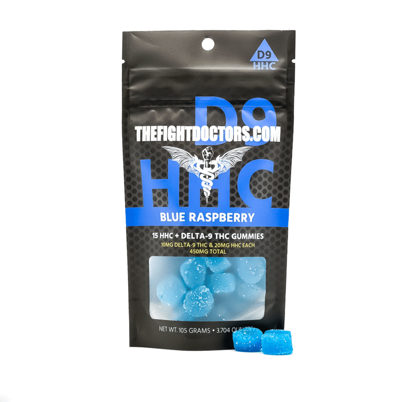 A 105-gram pack of delta 9 blue raspberry gummies containing HHC extracts and bursting with flavor.
