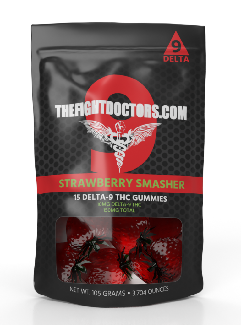 A packet of 15 strawberry THC gummies from TheFightDoctors.Com, under the name “Strawberry Smasher”
